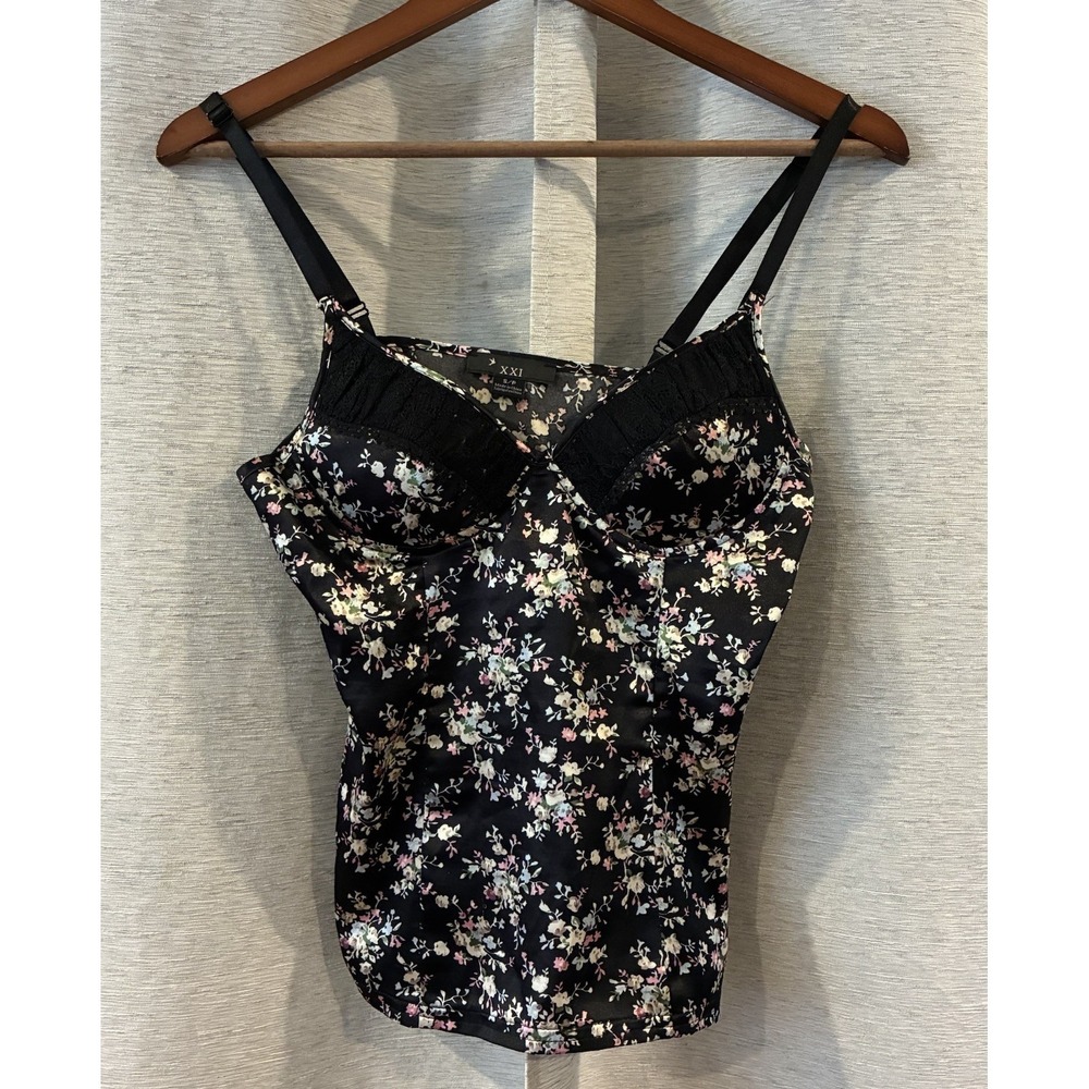 Vtg Y2K Forever 21 Floral Corset Top Blk Lace Trim Bustier Fairy Festival Small